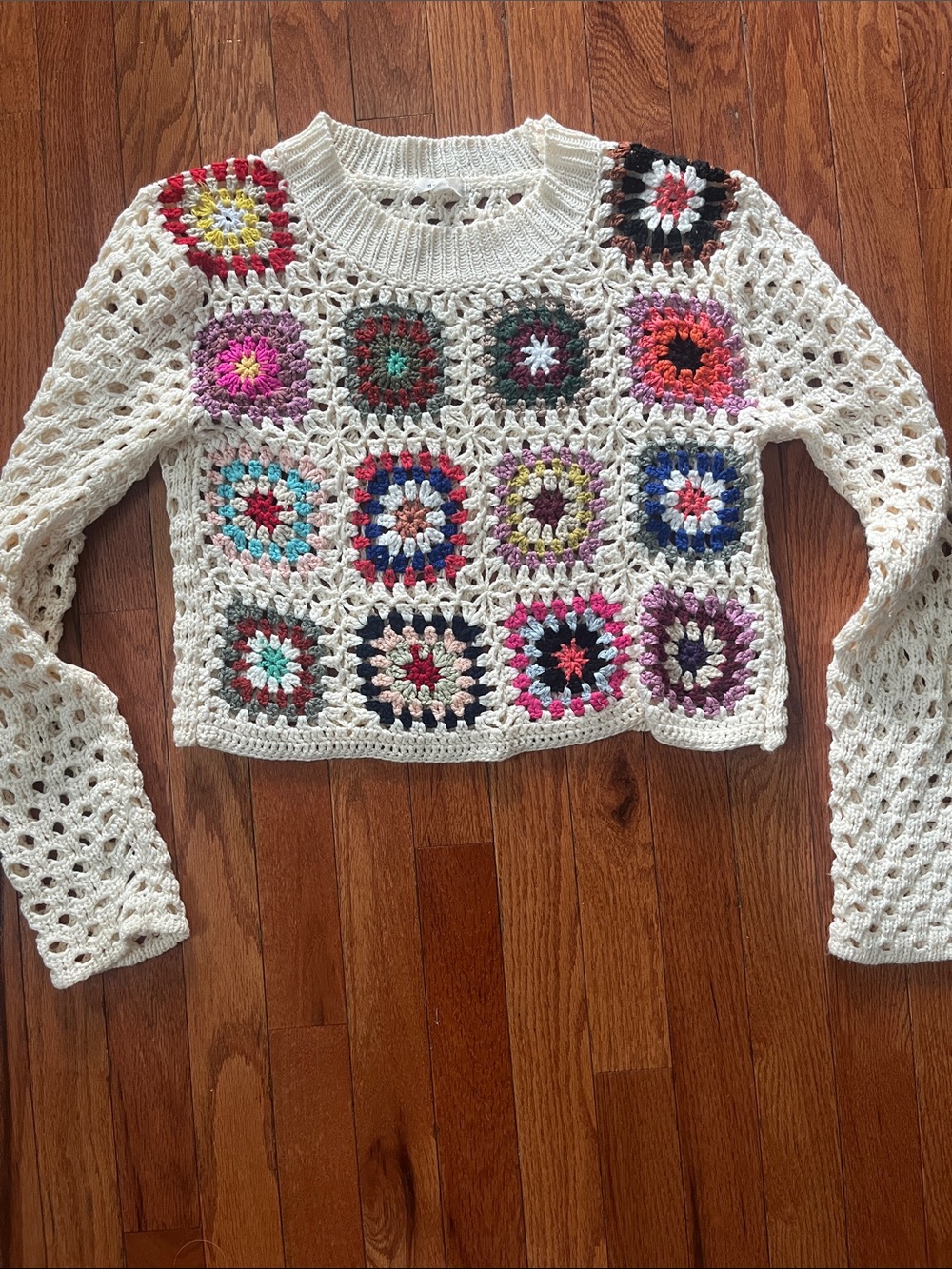 debut Cream Crochet Granny Square Crewneck Sweater with Multicolor Accents
